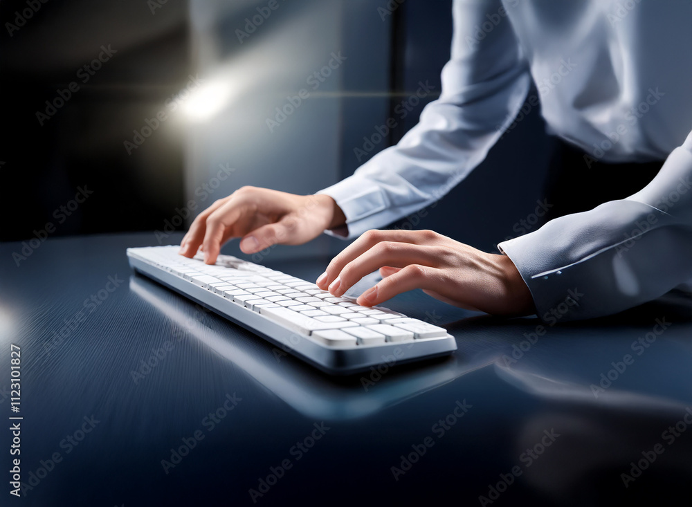 Aufkleber Close-up of hands typing on a sleek, white keyboard.  The scene is dimly lit, focusing on the action of typing and the clean lines of the technology.