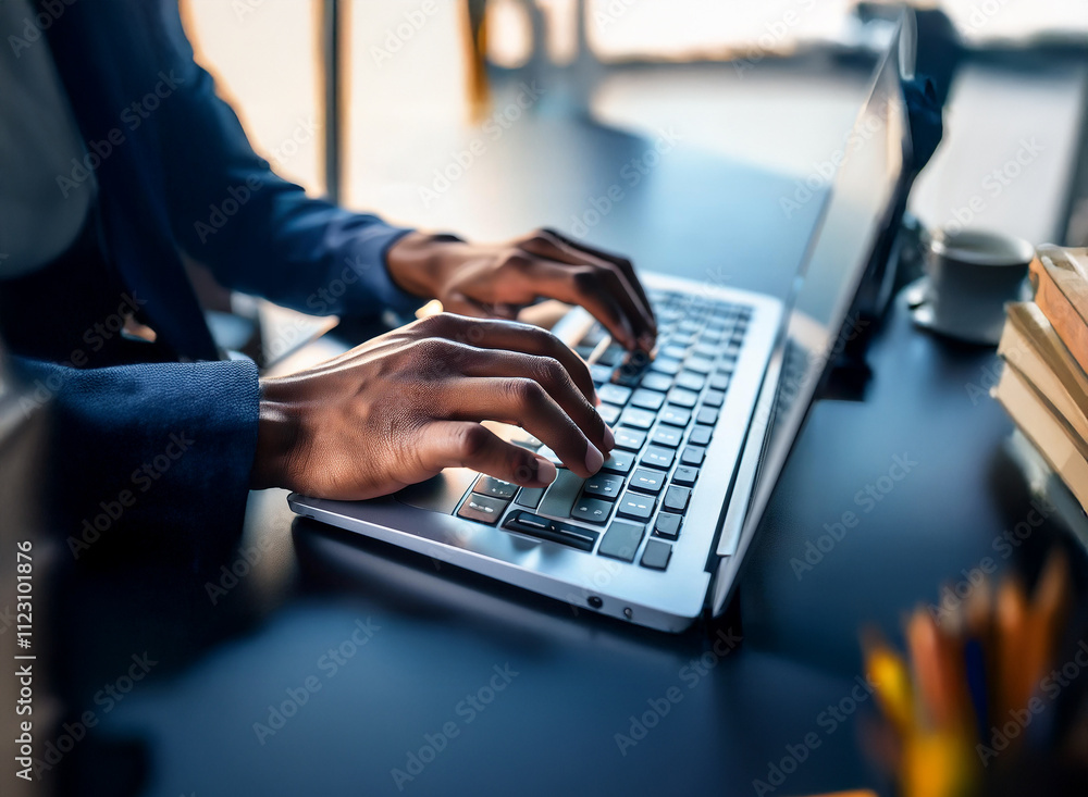 Aufkleber Close-up of hands typing on a silver laptop keyboard.  The setting appears to be a modern office workspace with blurred background details.  Sunlight streams in from a nearby window.