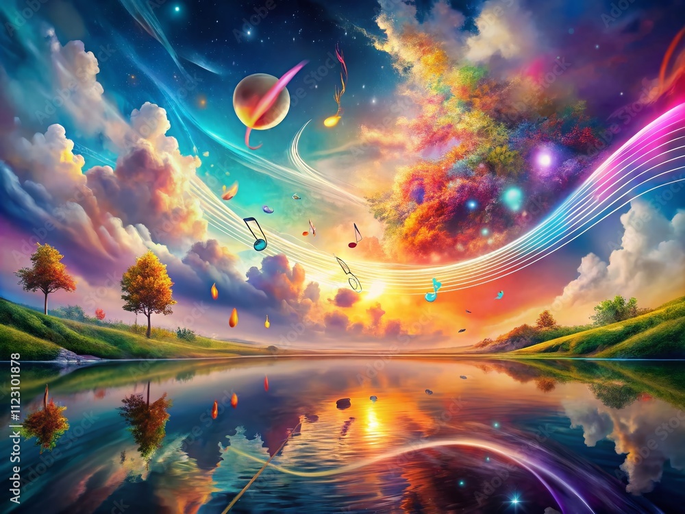 Poster surreal landscape of sound: a dreamlike visualization of background score free download with etherea