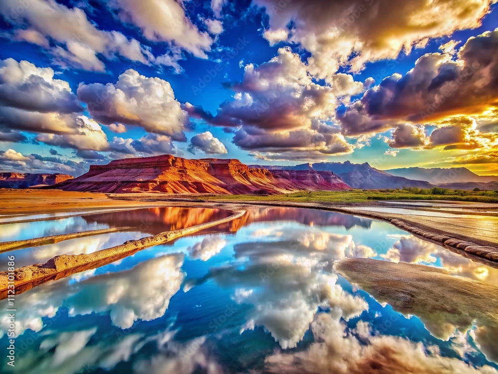 Poster surreal landscape of moab potash ponds with vivid colors and dreamlike reflections under an expansiv