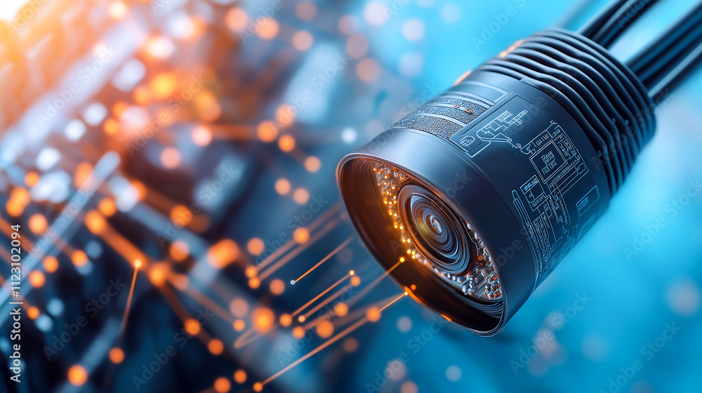 Poster high tech camera lens with abstract background and glowing connections, showcasing advanced technolo