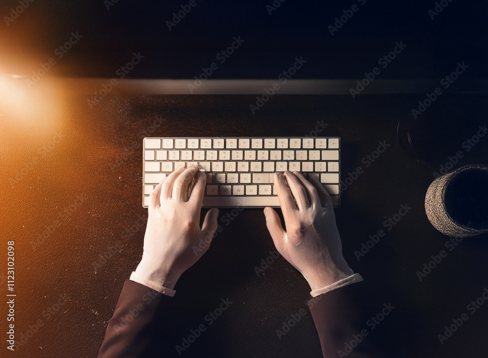Aufkleber Overhead view of gloved hands typing on a computer keyboard at night.  A warm light illuminates the scene.  A hint of mystery is present.