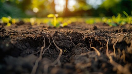 Obraz premium Cross section of soil highlighting lush green grass and its intricate root system