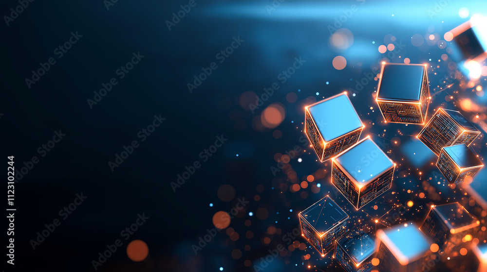 Poster abstract background with glowing cubes and particles creating dynamic visual. interplay of light and