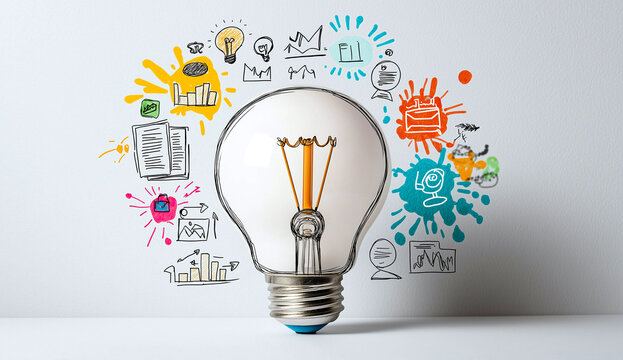 artistic drawing of light bulb surrounded by colorful sketches representing ideas, creativity, and innovation. This symbolizes inspiration and brainstorming