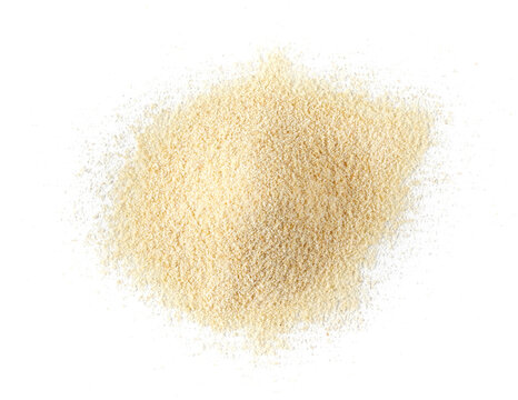 Pile dried ground garlic isolated on white, top view