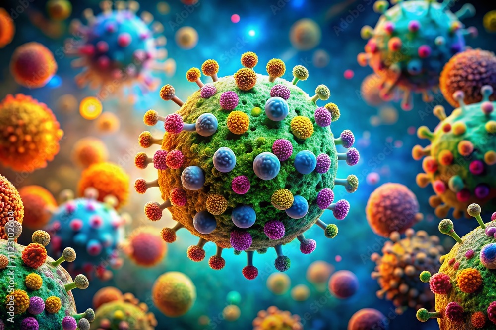 Poster surreal microscopic view of a virus cell, blending scientific research with abstract elements and vi