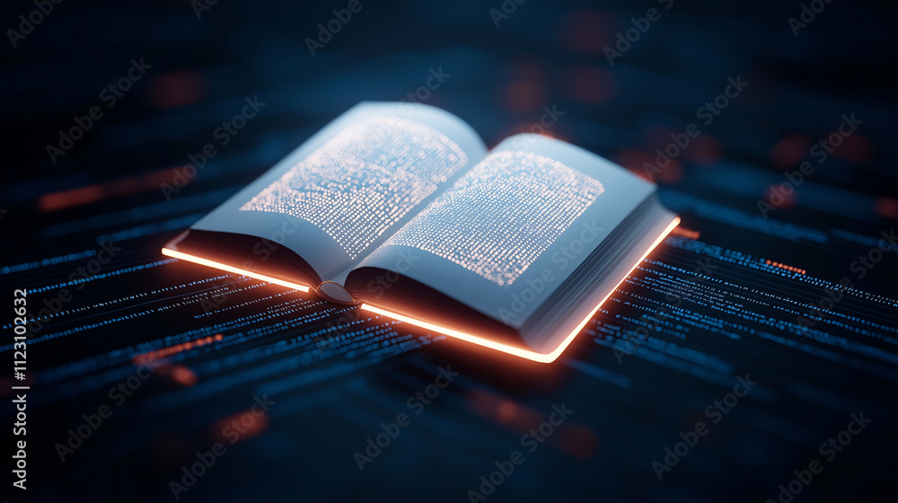 Poster open book with glowing pages surrounded by digital data streams, symbolizing knowledge and technolog