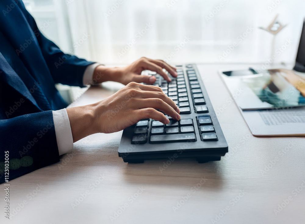 Poster close-up of hands typing on a dark keyboard at a desk. the person is wearing a suit jacket. the sett