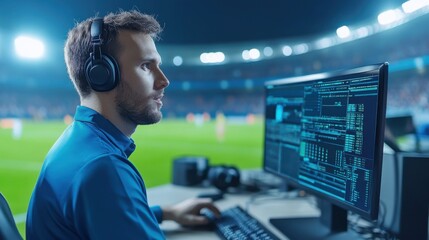 Fototapeta premium Professional Male Data Analyst Monitoring Live Sports Match Inside a Stadium at Night with Computer Setup