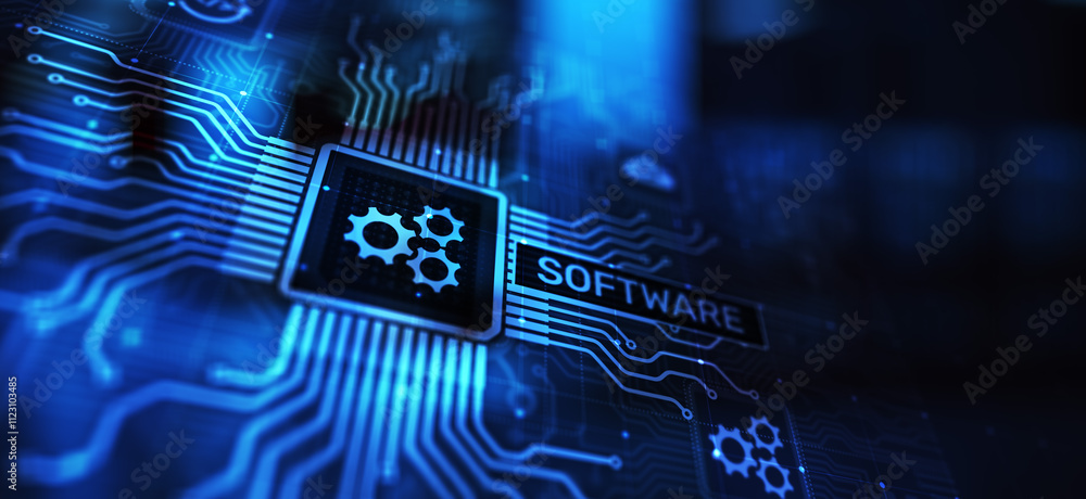 Poster software development and business process automation, internet and technology concept on virtual scr