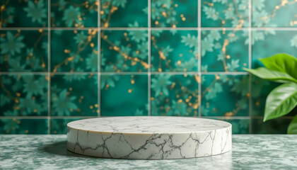 Marble platform on green tile backdrop with gold accents and leafy decor, offering elegant and natural setting. Perfect for wellness, spa and beauty products presentations or natural bath cosmetics