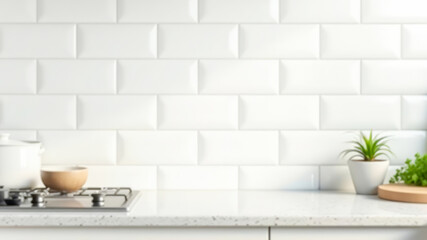 Empty kitchen counter with white tile backsplash and minimal decor, providing clean, neutral space for product presentation or design mockups. Ideal scene stage for food or kitchen-themed products