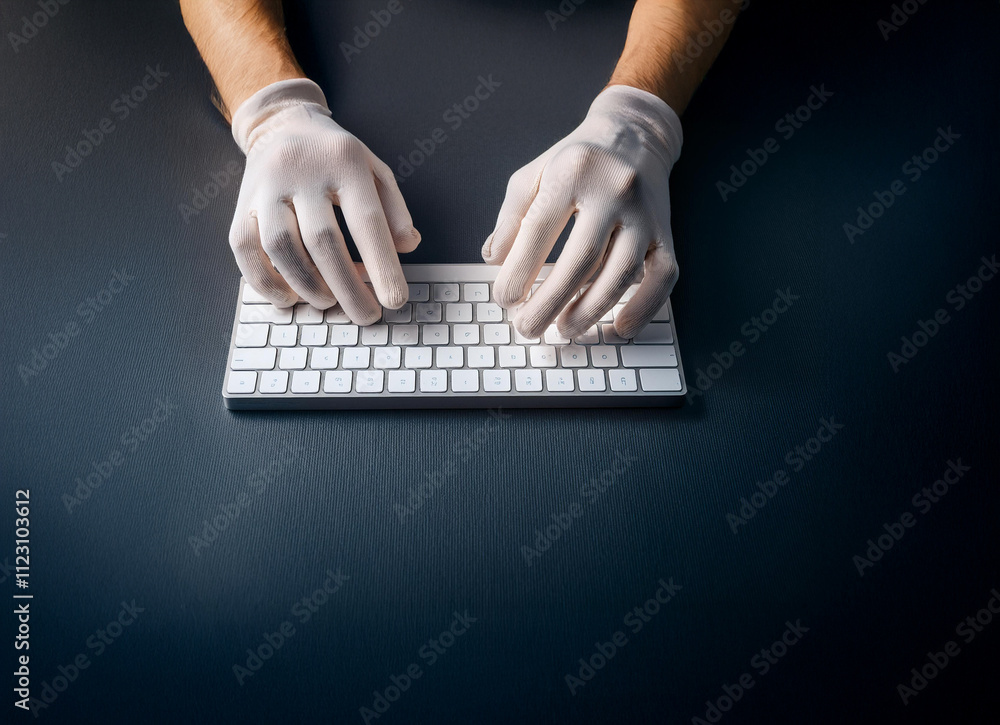 Aufkleber overhead view of gloved hands typing on a white keyboard. clean, sterile, and precise movements sugg