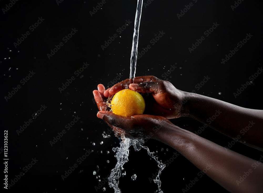 Aufkleber a vibrant orange is gently cleansed under a stream of water, held within cupped hands against a star