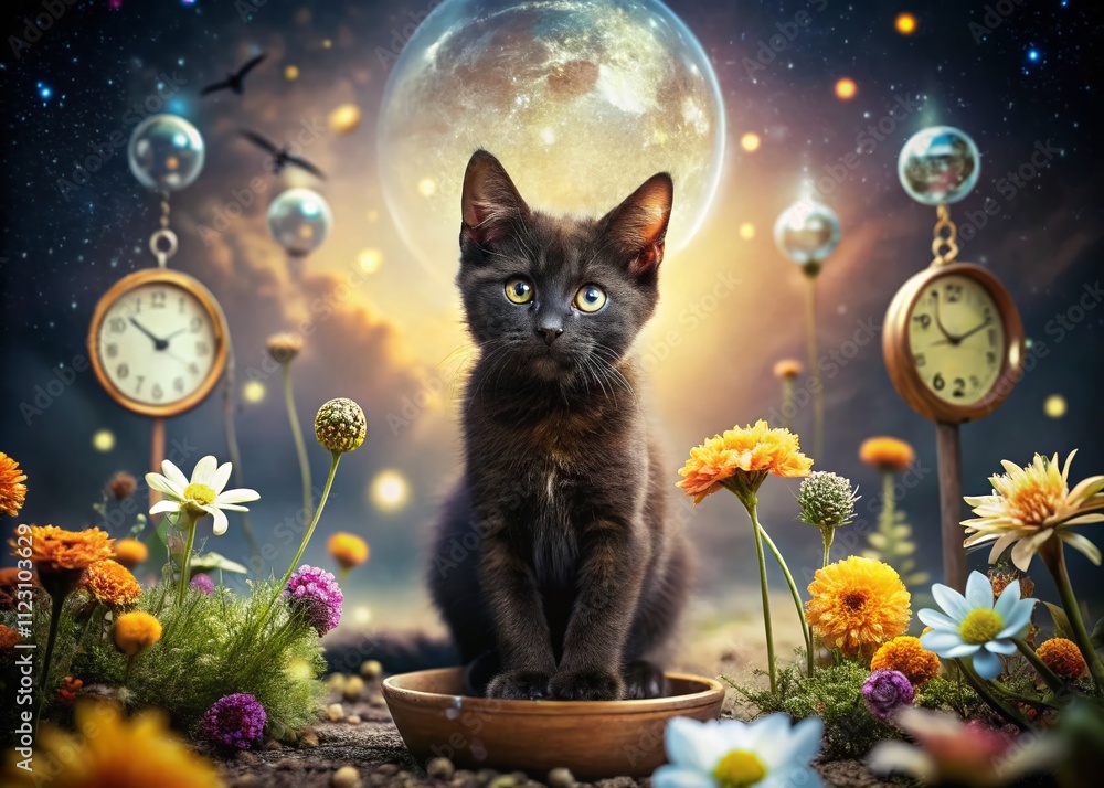 Poster surreal portrait of a three-month-old black kitten in a dreamlike landscape with floating objects an