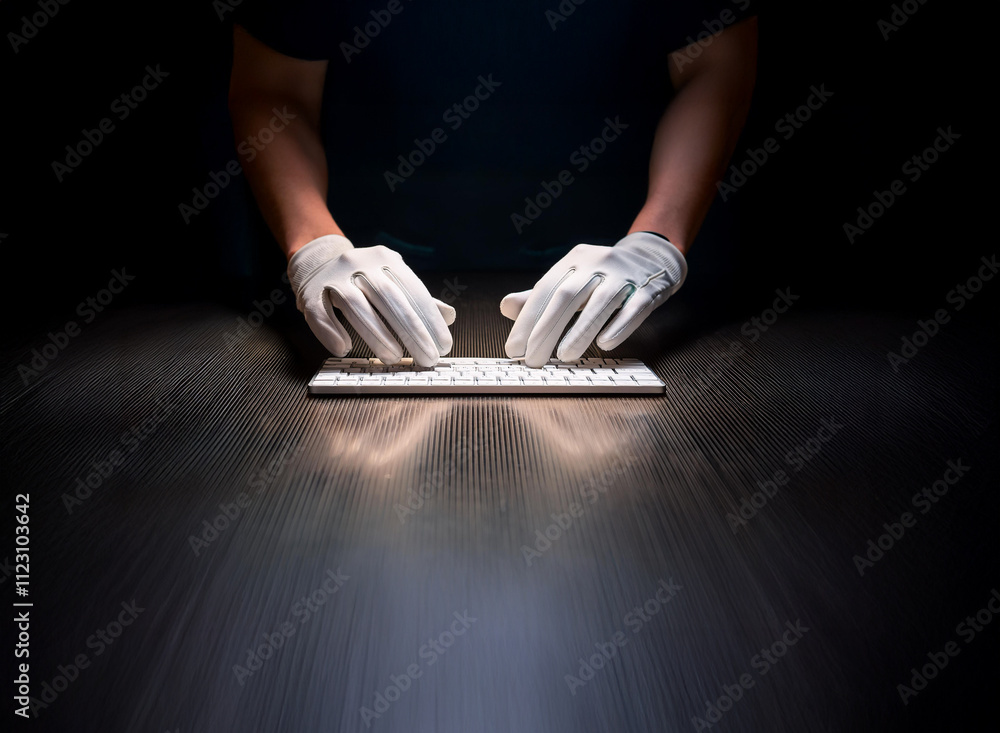 Poster Gloved hands subtly illuminated, typing on a keyboard in the dark.  A sense of mystery and secrecy pervades the scene.