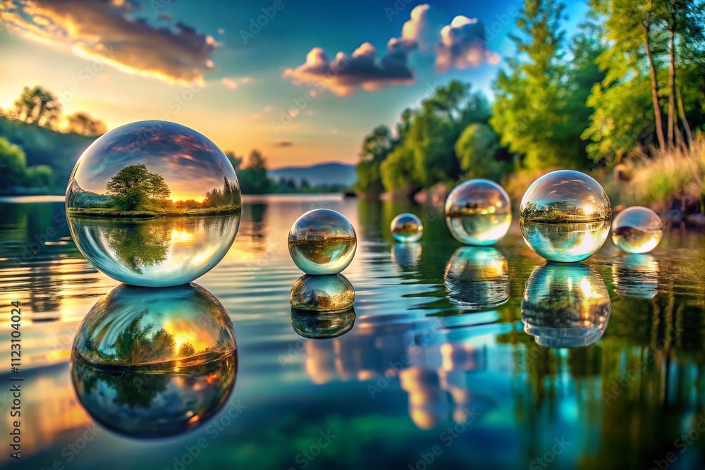 Poster surreal reflection on water's surface: dreamlike elements merging with fluidity and light in an ethe