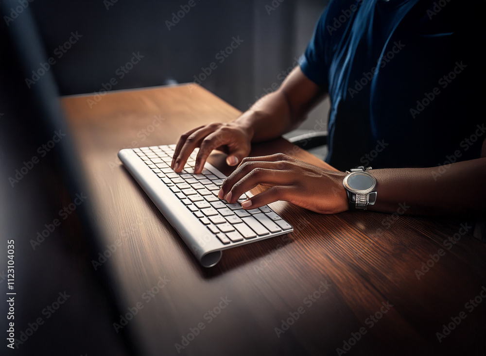 Poster Close-up of hands typing on a wireless keyboard at night.  The dimly lit scene emphasizes focus and concentration on the task at hand.