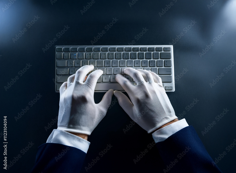Poster Overhead view of hands in white gloves typing on a wireless keyboard.  The scene is dimly lit, creating a mysterious atmosphere.