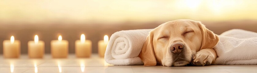 A peaceful dog resting on a soft towel, surrounded by lit candles, creating a serene and calming atmosphere.