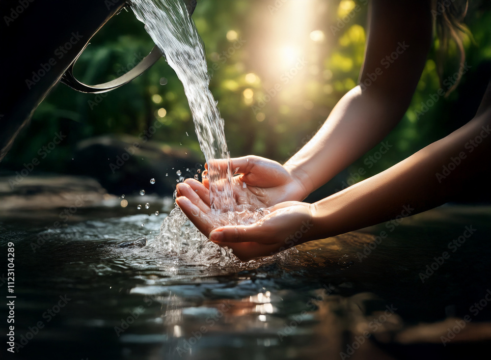 Poster sunlight streams through lush foliage as hands cup pure water flowing from a source. clean, refreshi