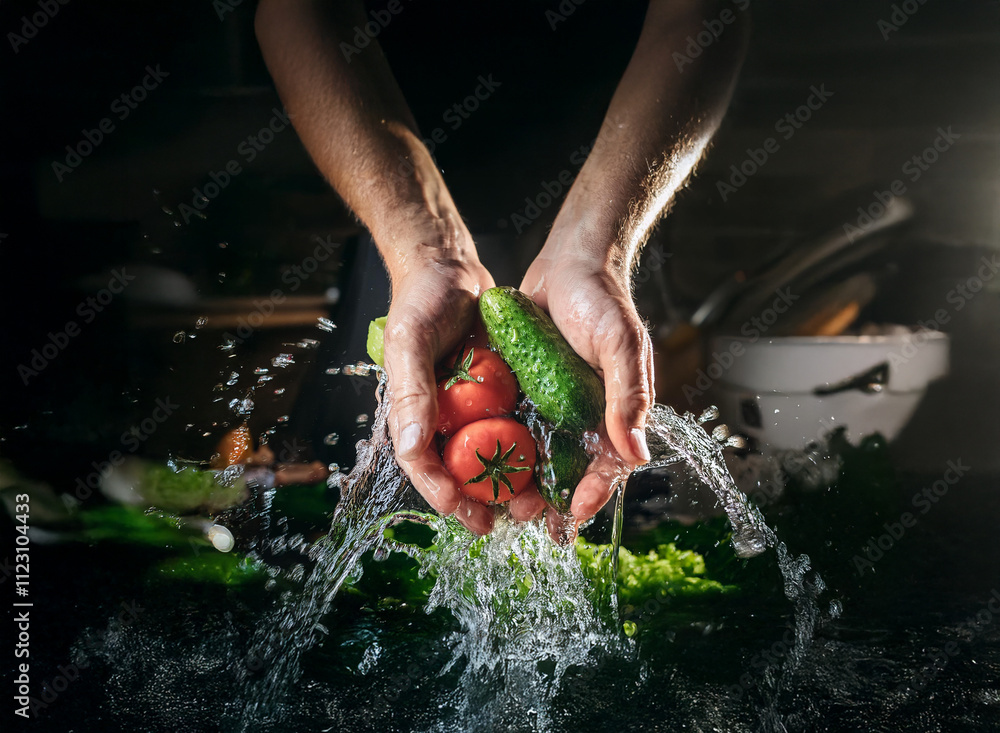 Poster close-up of hands washing fresh tomatoes and cucumbers under running water. water splashes dramatica