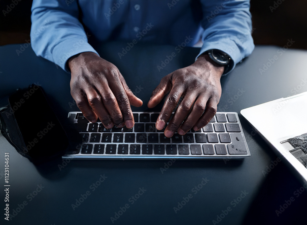 Poster Close-up of dark-skinned hands typing on a keyboard at night.  Low light illuminates the scene, emphasizing the focus on the typing process. A laptop is visible to the side.