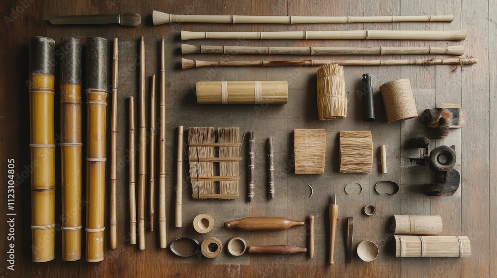 Poster visualize the tools used in bamboo weaving, neatly arranged on a workspace.