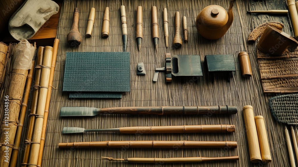 Poster visualize the tools used in bamboo weaving, neatly arranged on a workspace.