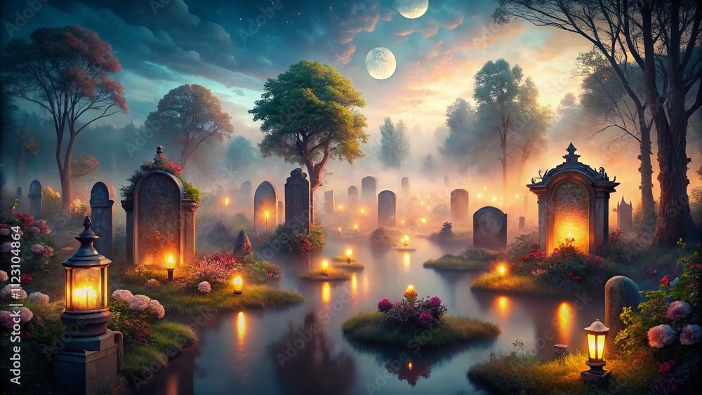 Poster surreal r.i.p background with ethereal elements and dreamlike atmosphere for grief and reflection im