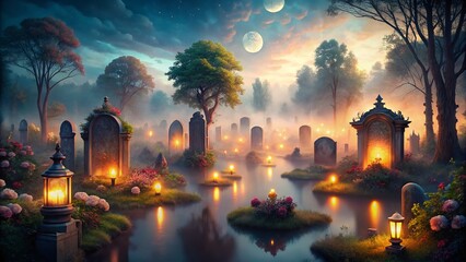 Fototapeta premium Surreal R.I.P Background with Ethereal Elements and Dreamlike Atmosphere for Grief and Reflection Imagery