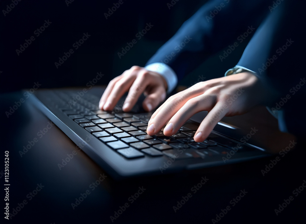 Aufkleber Close-up of hands swiftly typing on a dark keyboard in low light.  The scene evokes a sense of urgency and late-night work.