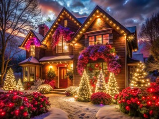 Obraz premium Surreal Scene of a Brown House Adorned with New Year's Artificial Garland and Vibrant Red and Purple Lights, Surrounded by Lush Flowers Under a Dreamy Sky