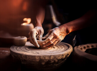 Close-up of hands shaping clay on a pottery wheel, illuminated by warm light.  The scene evokes artistry, craftsmanship, and the transformative process of creation.
