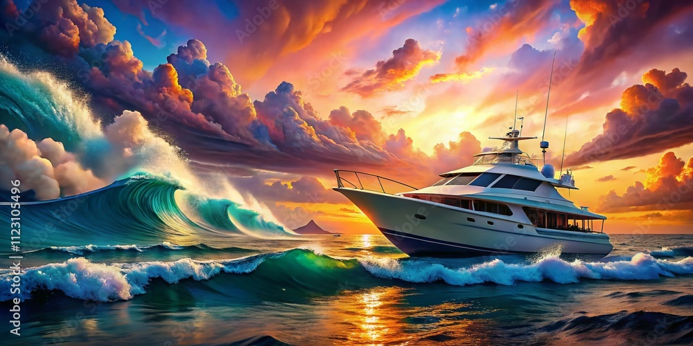 Poster surreal scene of a large yacht named sailfish gliding through an enchanted ocean under a dreamy sky 