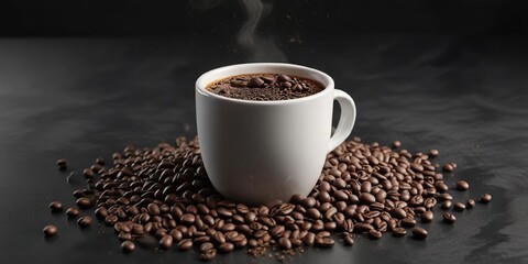 Naklejka premium Coffee beans and grounds spilling out of a cup on a sleek black surface, coffee lover, spill