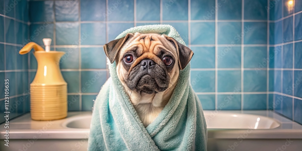 Poster surreal scene of a pug being dried with a towel after bathing in a bathroom, featuring a playful exp