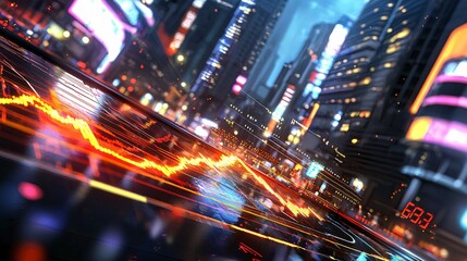 Obraz premium Business and Strategy and Leadership Concept. Dynamic Cityscape with Abstract Data Visualization
