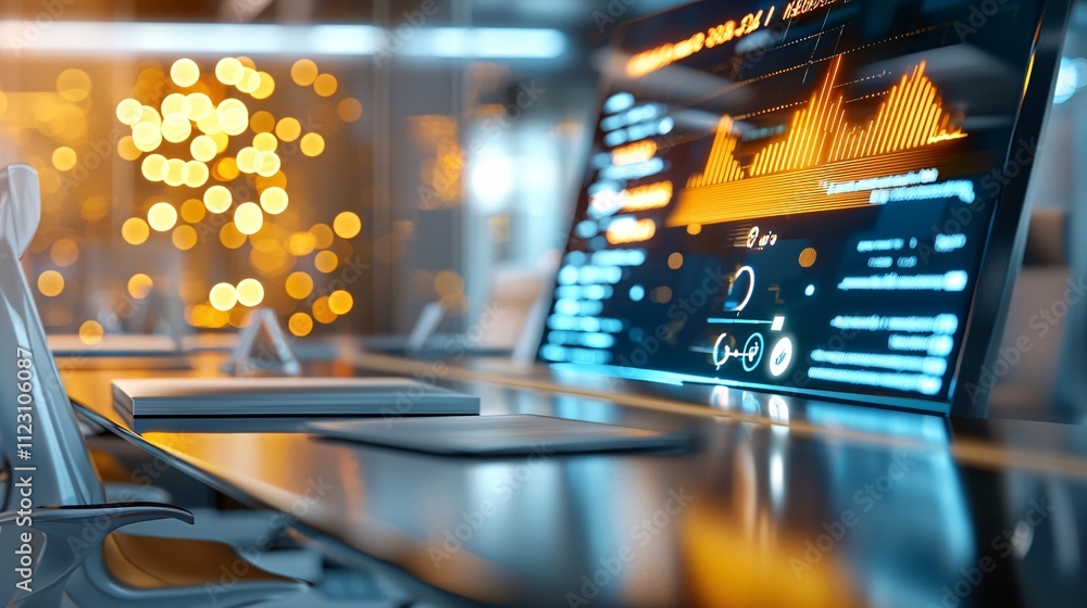 Poster business and strategy and leadership concept. futuristic workspace with data visualization display