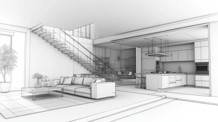 Obraz premium 3D rendering of a contemporary homes open-plan kitchen and living room, complete with a sofa and stylish staircase, blending functionality and elegance