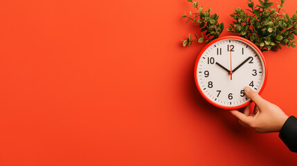 Red Clock Hand: A hand reaches out to adjust a red clock on a vibrant red background, symbolizing the passage of time, deadlines, and the importance of punctuality.  