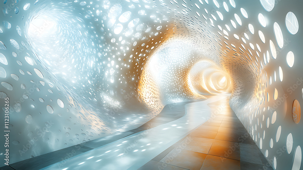 Poster futuristic tunnel with glowing lights and organic shapes, creating immersive experience. design feat