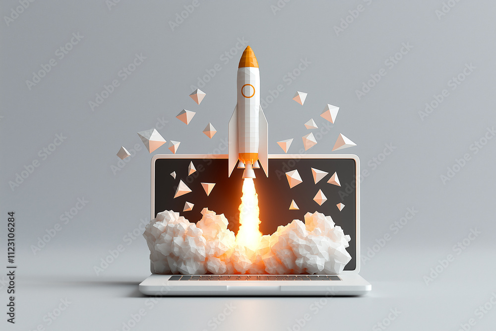Poster rocket launching from laptop, symbolizing innovation and technology. scene features geometric shapes