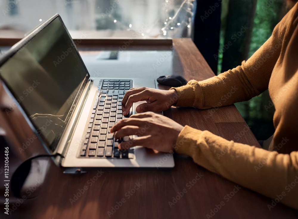 Poster close-up of hands typing on a laptop keyboard in a sunlit workspace. the person is wearing a mustard