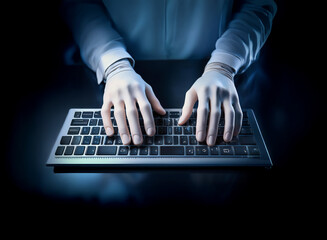 Gloved hands swiftly type on a sleek keyboard in low light, suggesting a clandestine or secretive operation.  The scene evokes mystery and digital activity.