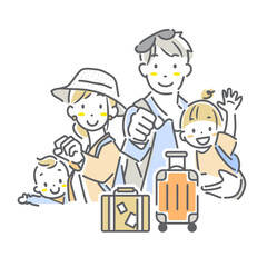 旅行にワクワクする4人家族　シンプルでお洒落な線画イラスト