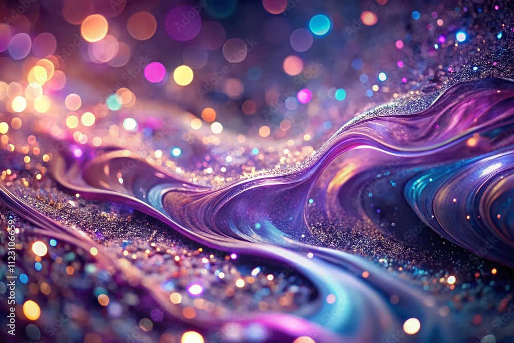 Poster surreal shimmering fluid glitter paint flowing in translucent water with bokeh lights and abstract a