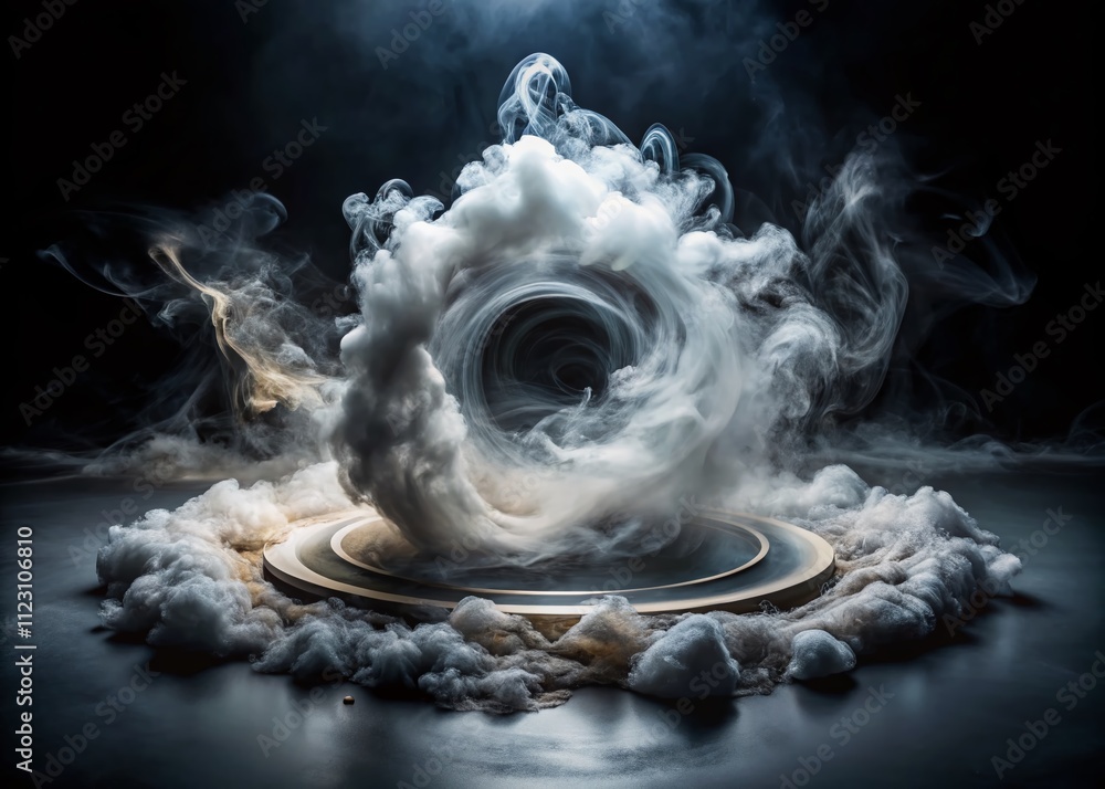 Poster surreal smoke and fog flowing from center to edges on black background, creating ethereal and dreaml