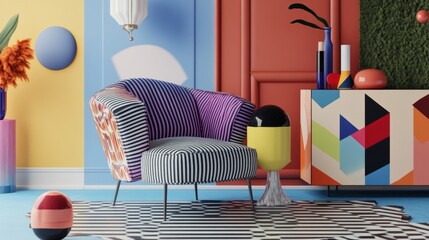 A 3D render of a Memphis-inspired room with a colorful armchair, striped console, and abstract props creating a fun and eclectic vibe
